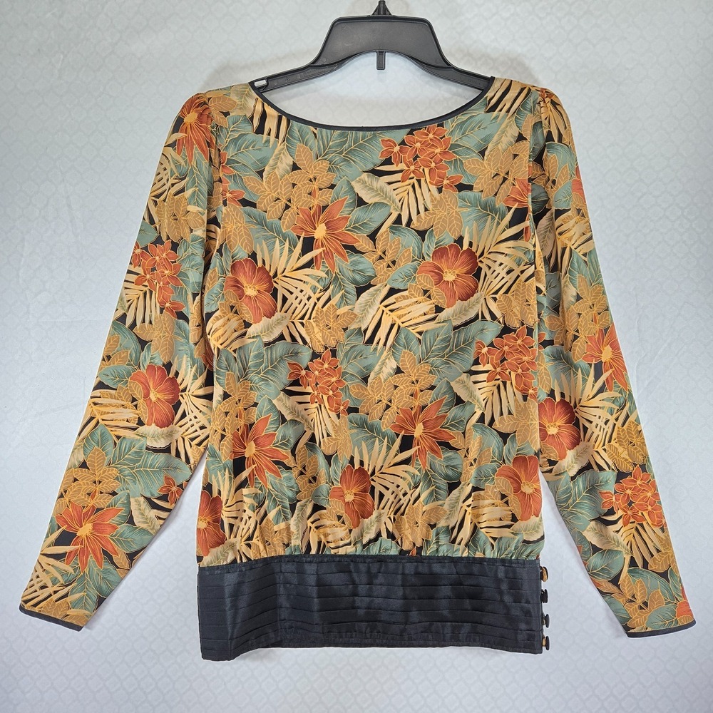 Vintage Handmade Blouse Fall Floral Print Polyester Woman's‎ Size M Pleated Hem